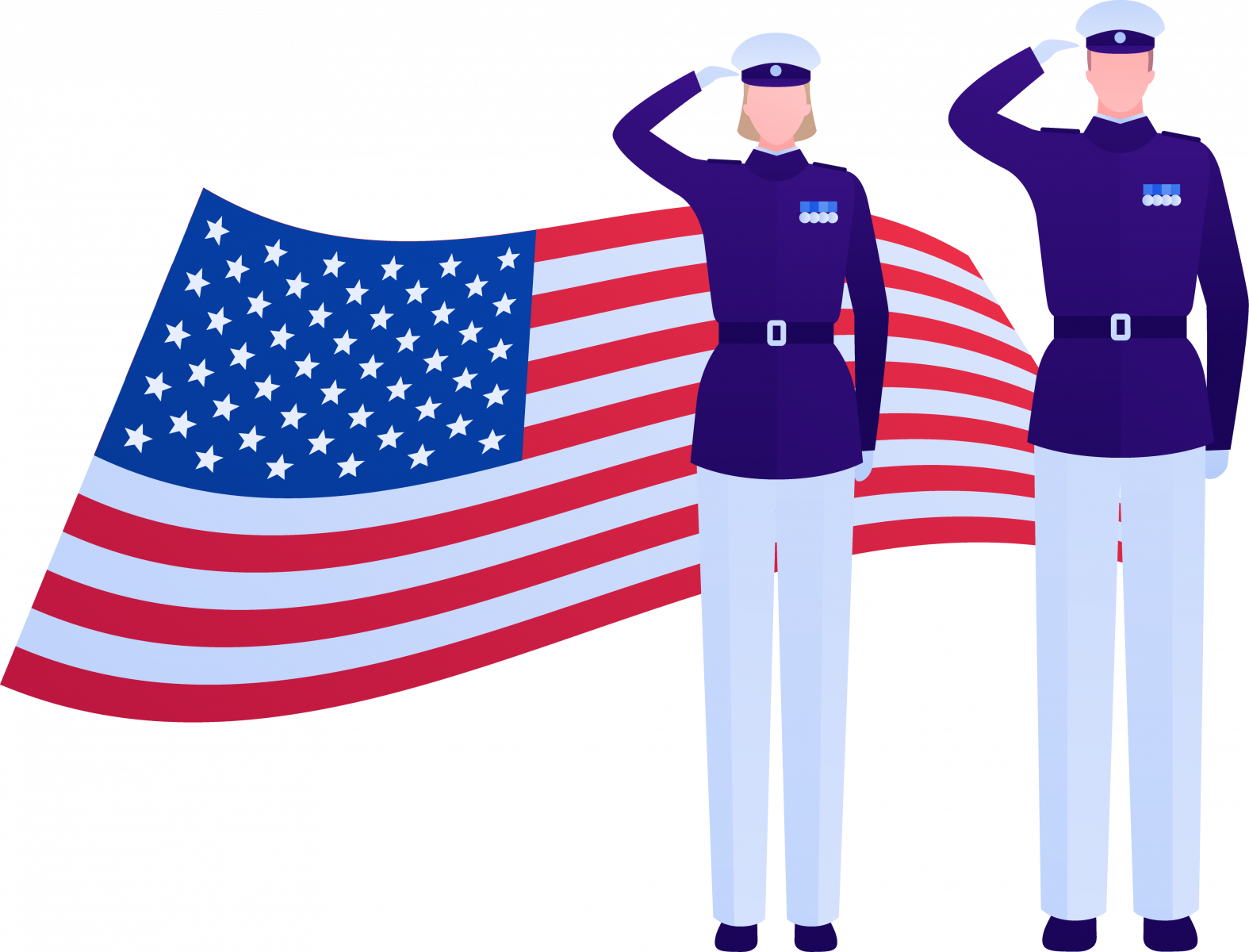 Two military service members in dress uniform saluting the American Flag.