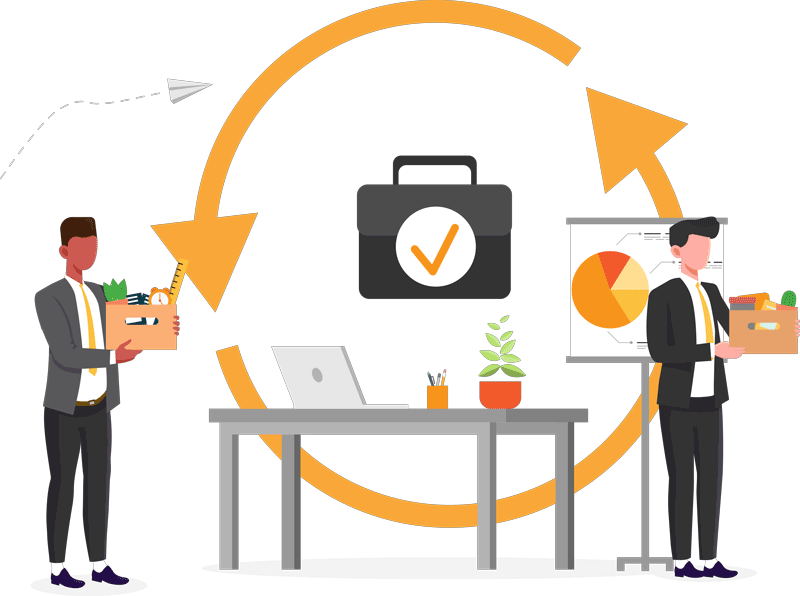 Arrows showing the continuous circle of hiring and rehiring employees when your company has high turnover.