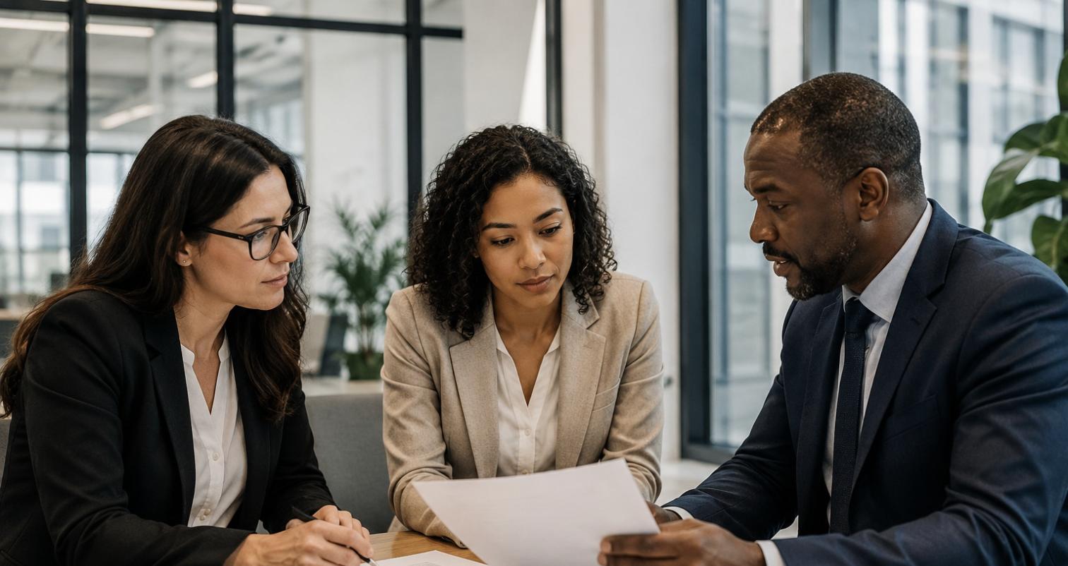 HR professionals reviewing job posting documents for pay transparency compliance in a modern office